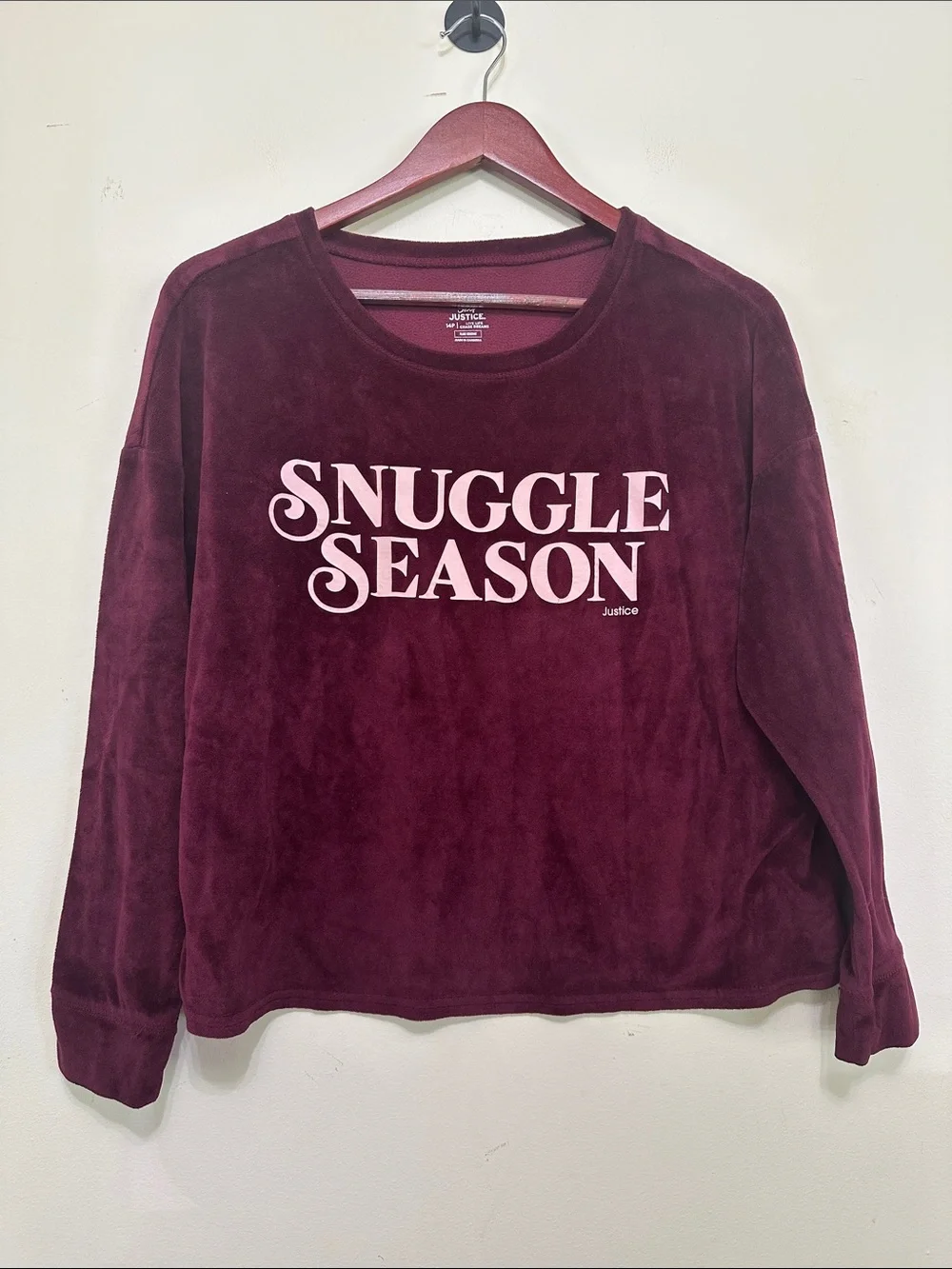 Justice Plush Crewneck Sweatshirt in Burgundy with Pink Script